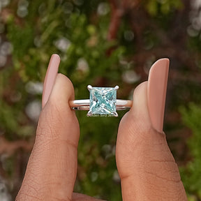 Cyan Blue Princess Cut Moissanite Solitaire Ring