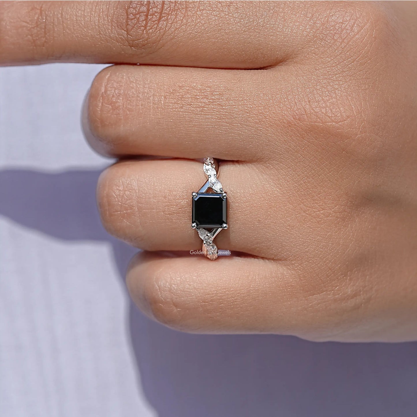 Black Asscher Gemstone Moissanite Engagement Ring