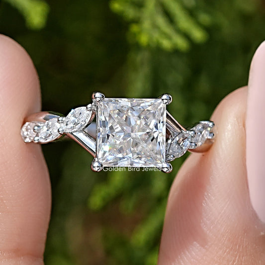 Colorless Square Cut Moissanite Floral Promise Ring