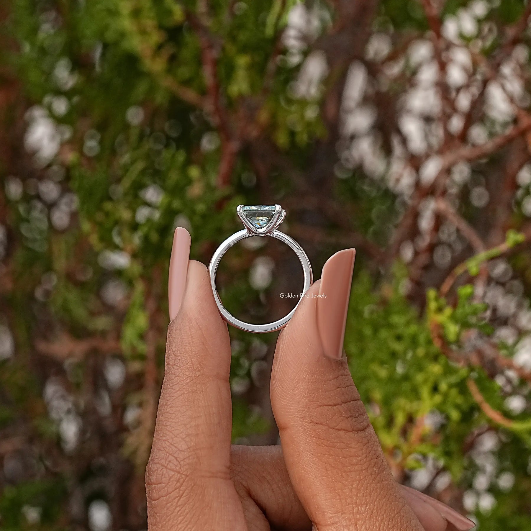 Cyan Blue Princess Cut Moissanite Solitaire Ring