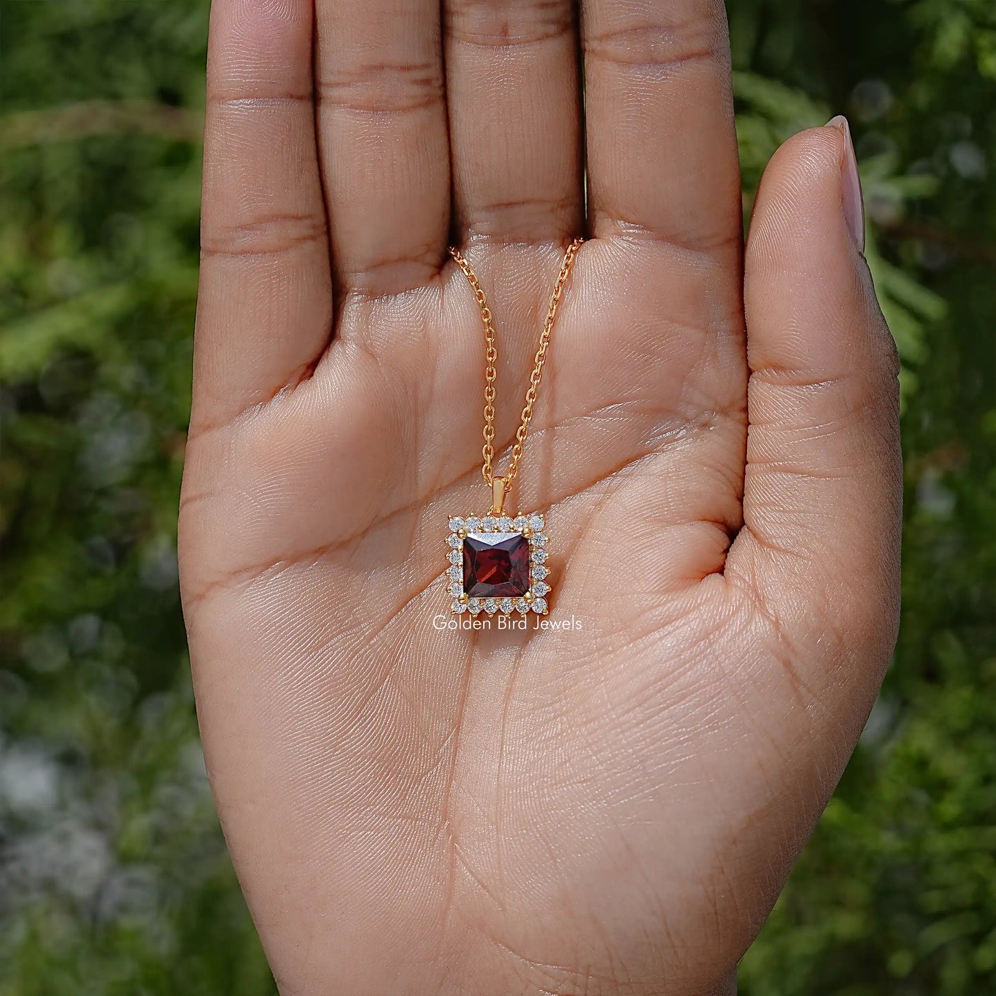 Red Ruby Princess Cut Moissanite Gemstone Halo Pendant
