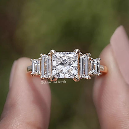 Princess And Baguette Lab Diamond Five Stone Ring In Two Fingers