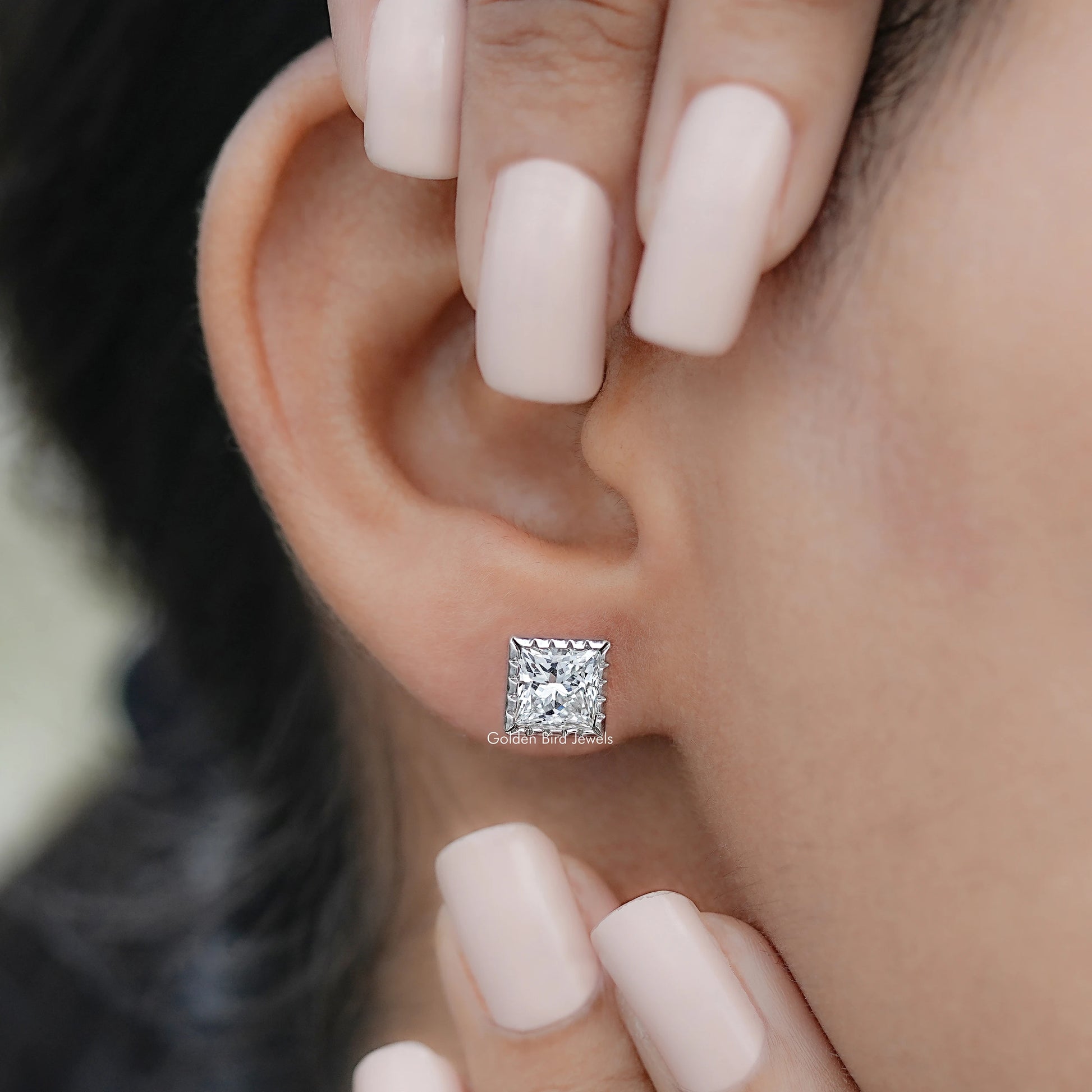 Front view of Princess Diamond Milgrain Stud Earrings
