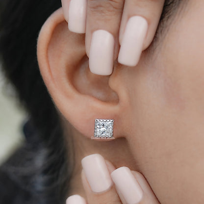 Front view of Princess Diamond Milgrain Stud Earrings