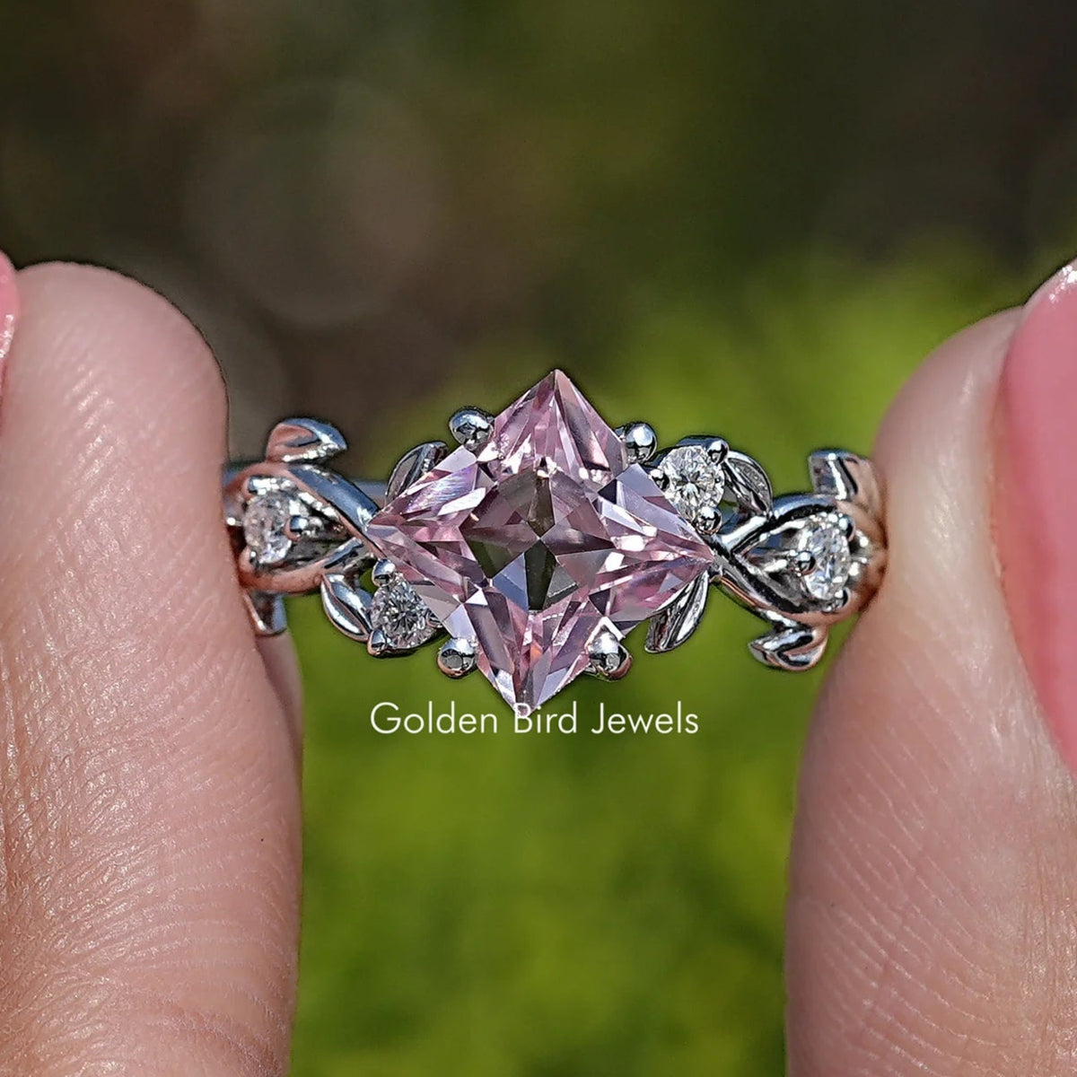 Princess Lab Gemstone Leaf Style Engagement Ring