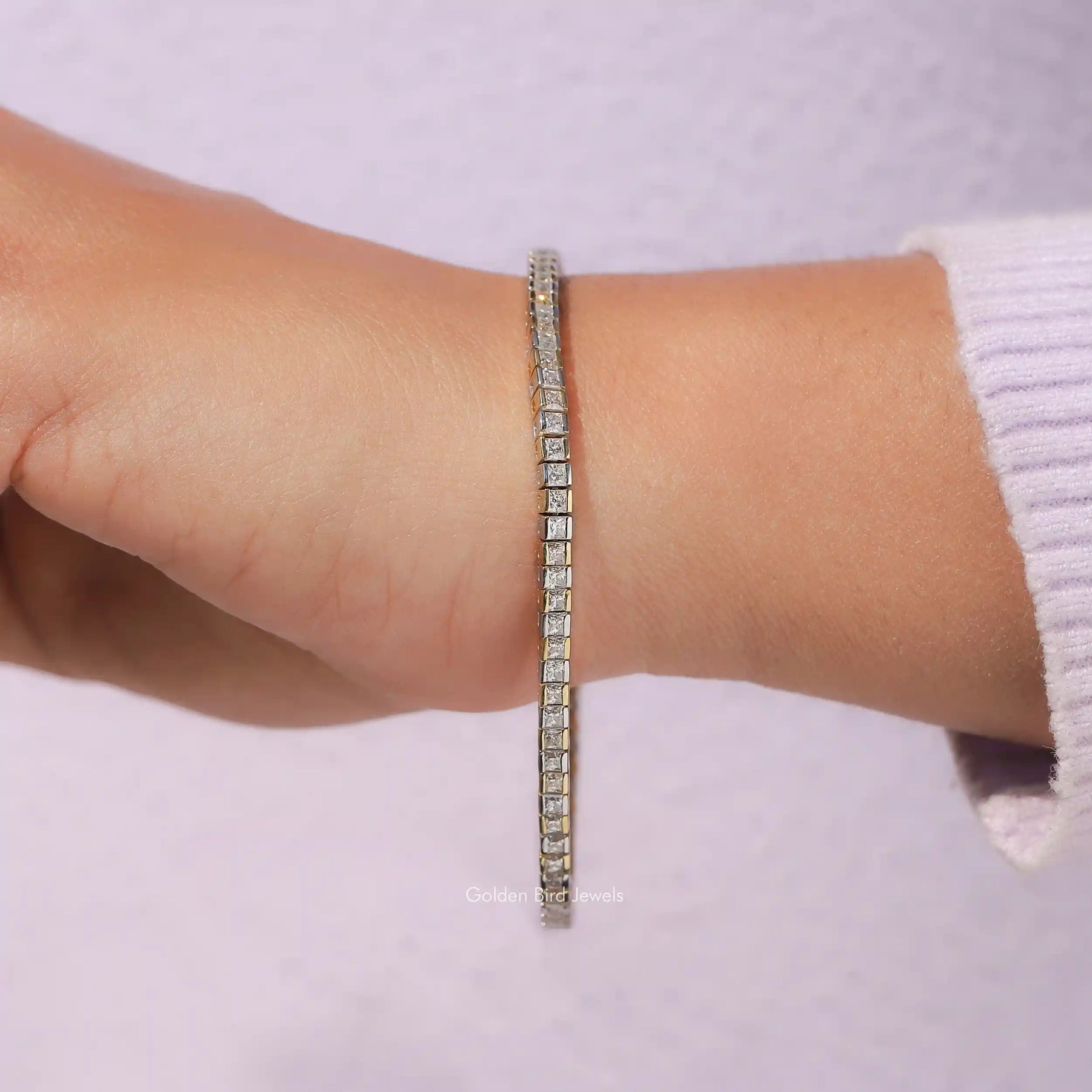 [Princess Cut Moissanite Half Bezel Tennis Bracelet]-[Golden Bird Jewels]