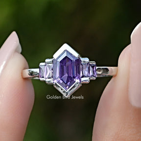 Front view of Purple Amethyst Hexagon Gemstone Bezel Ring Set in two fingers 