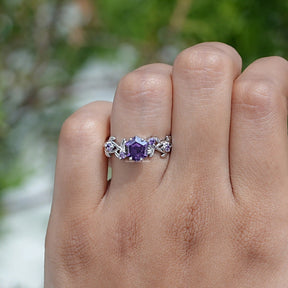 [Purple Amethyst Hexagon White Gold Ring]-[Golden Bird Jewels]