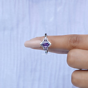 In finger front View of Purple Amethyst Hexagon Gemstone Bezel Ring In White Gold