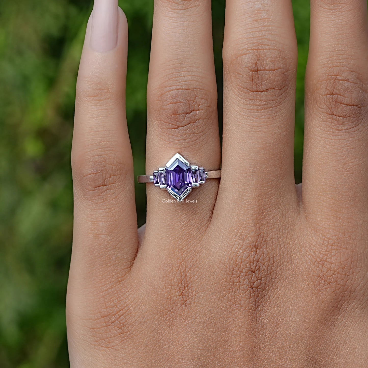 Detailed View of Hexagon Shaped Gemstone Engagement Ring In White Gold