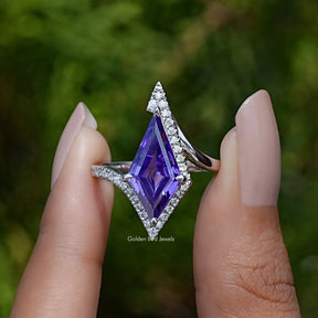 Purple Amethyst Kite Gemstone Halo Accent Ring