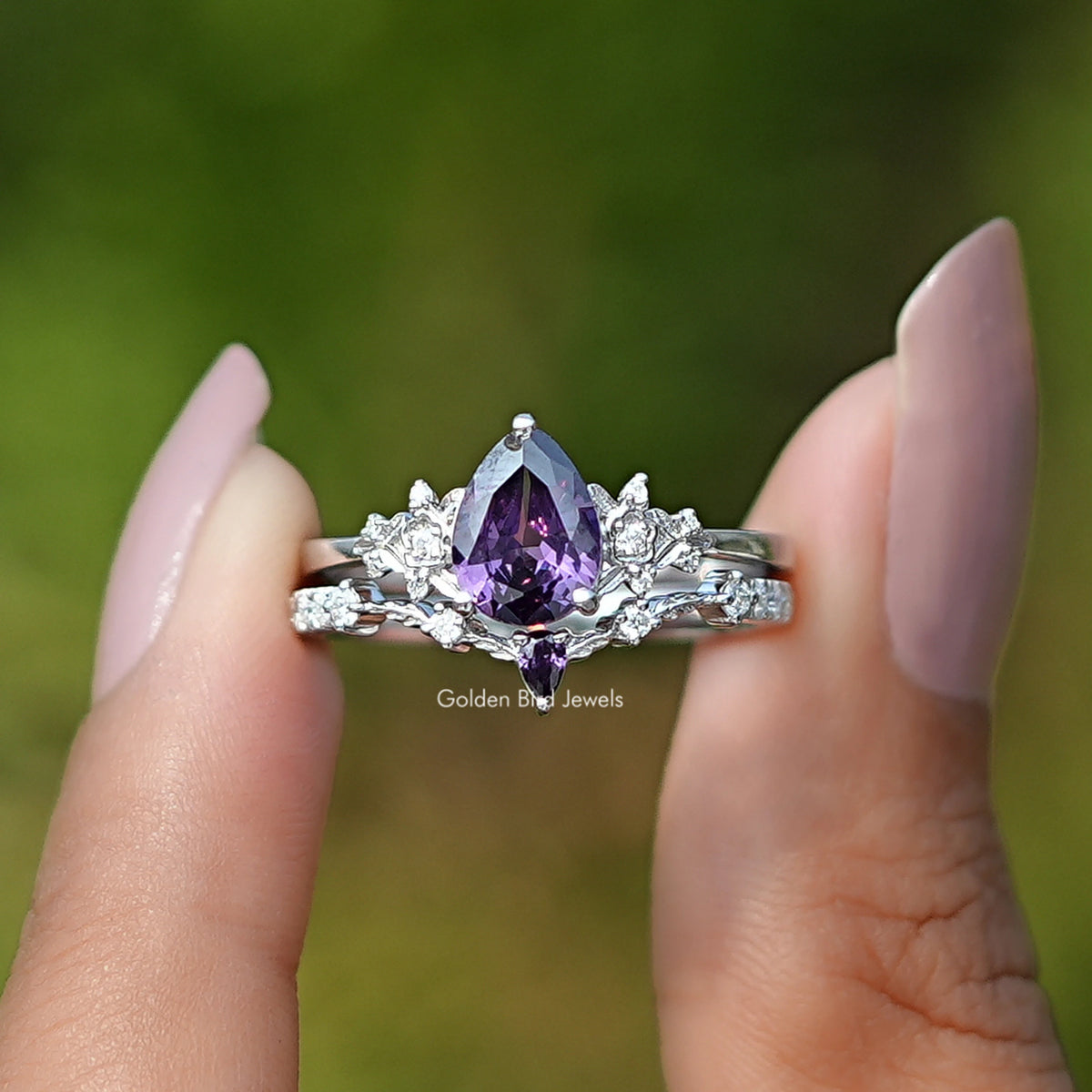 Purple Amethyst Pear Gemstone Ring Set