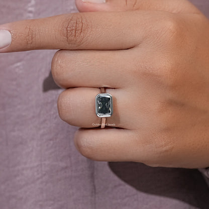 Gray radiant-cut moissanite solitaire ring with square stone in silver setting