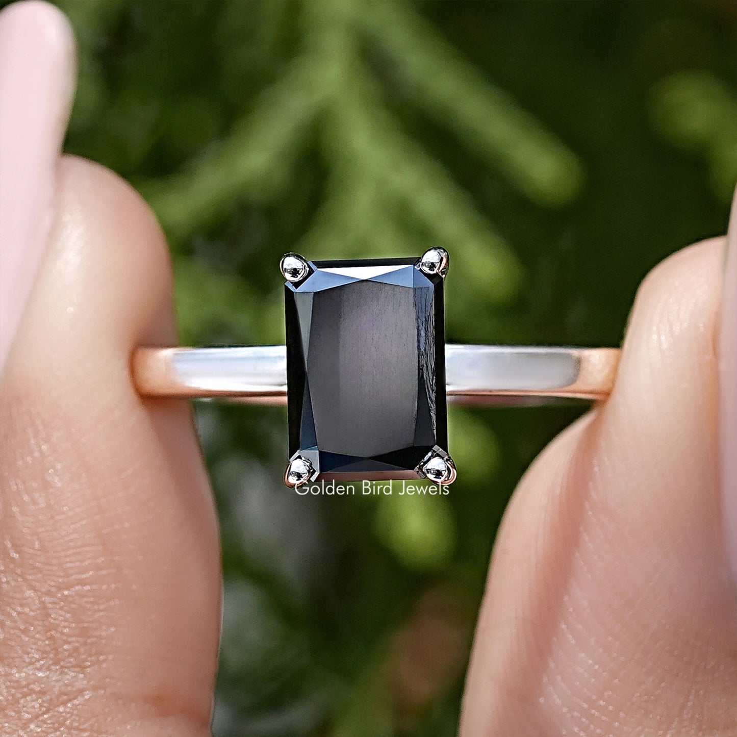 Black Radiant Cut Moissanite Gemstone Hidden Halo Ring