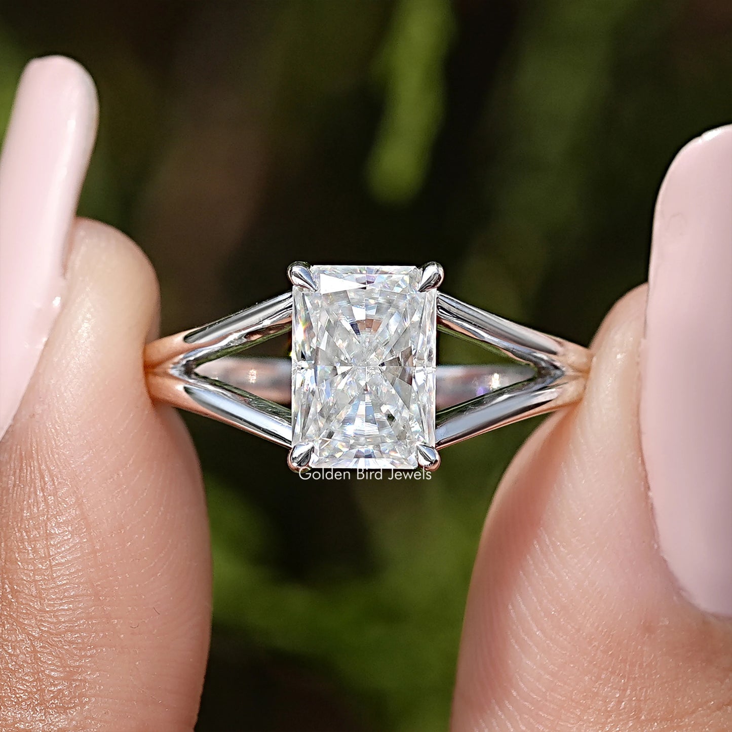 Radiant Cut Moissanite Split Shank Solitaire Engagement Ring