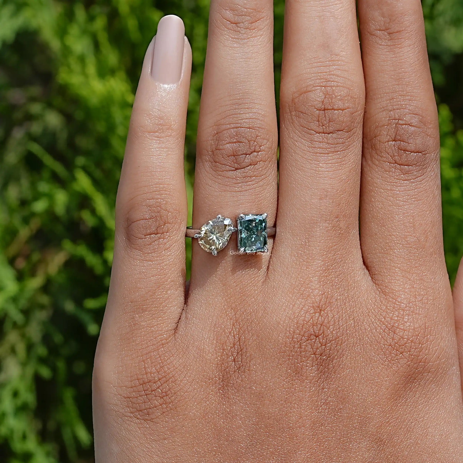 Detailed View of Radiant And Pear Cut Moissanite Toi Et Moi Ring In White Gold