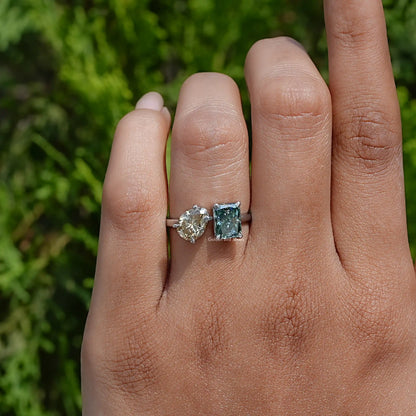 In Finger of Radiant And Pear Two Stone Moissanite Ring In White Gold
