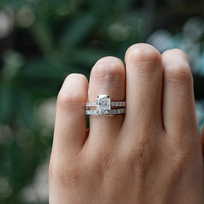Front View of Radiant And Round Cut Bridal Ring Set In White Gold