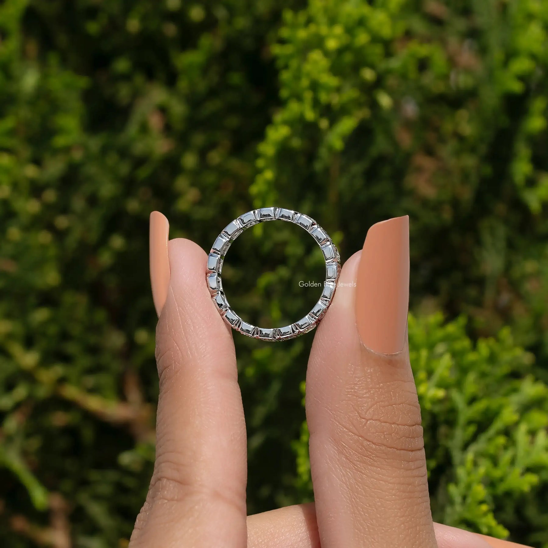 Back view of Bezel Set Radiant Cut Full Eternity Band Set in secure setting
