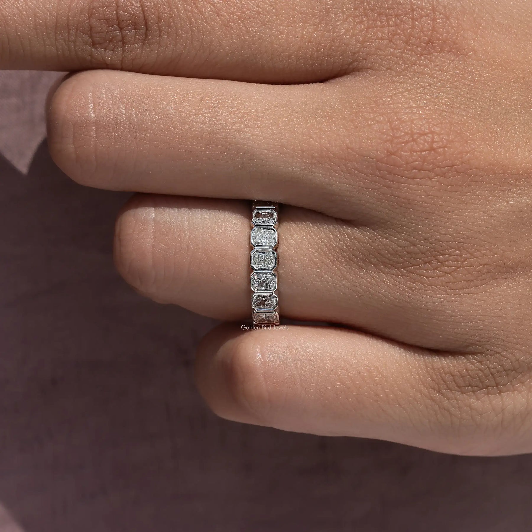 Close view of Bezel Set Radiant Cut Full Eternity Band