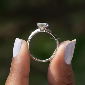 Back View of Radiant Cut Lab Grown Diamond Engagement Ring In two fingers