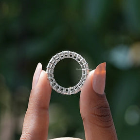 Back View of Radiant Cut Lab Grown Diamond Wedding Band In two fingers