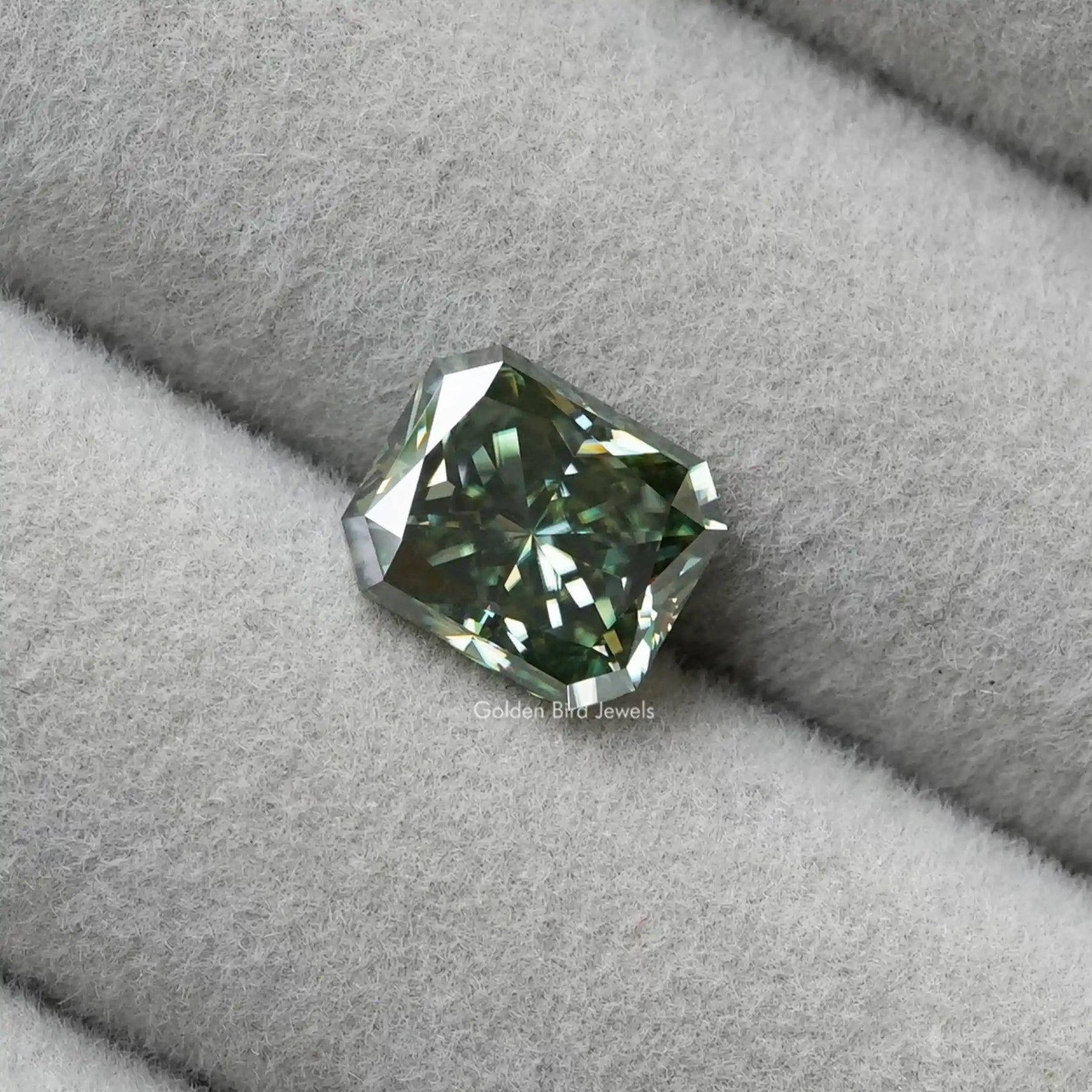 [Fronr view of blue radiant cut loose moissanite  made of vs claity]-[Golden Bird Jewels]