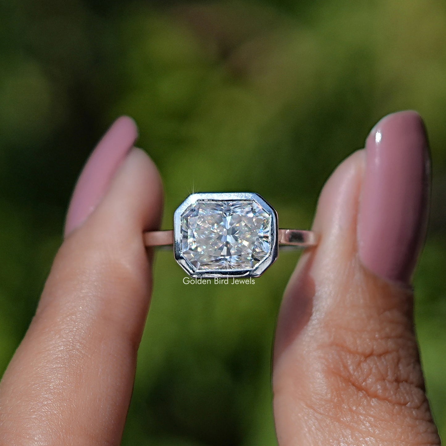 Front view of Radiant Cut Moissanite Bezel Set Engagement Ring