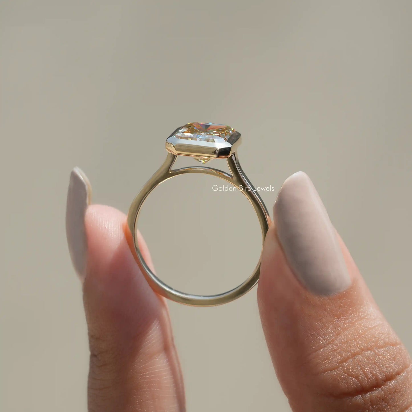 Back View of Radiant Cut Moissanite Solitaire Ring In two fingers