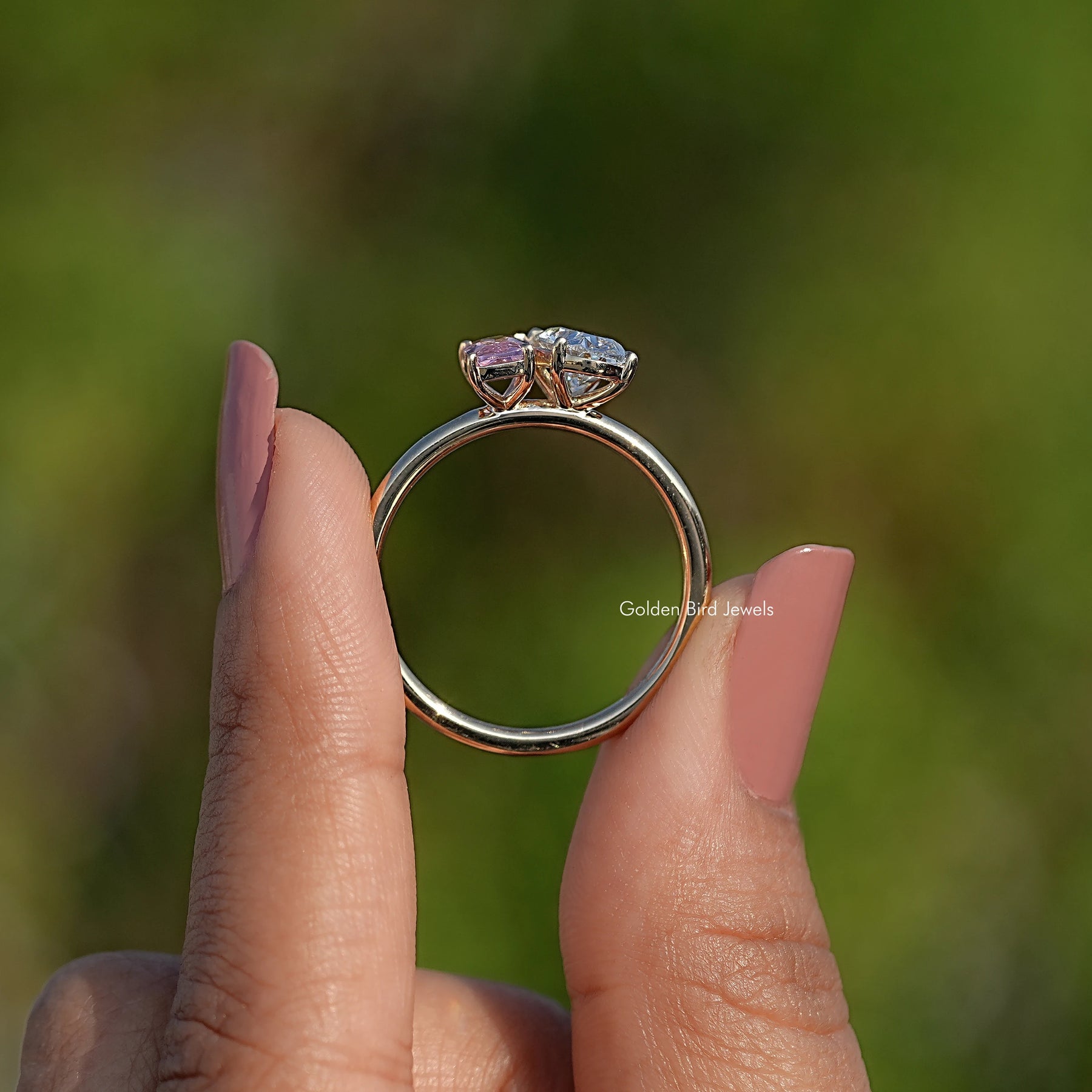 Radiant Gemstone And Oval Diamond Two Stone Ring