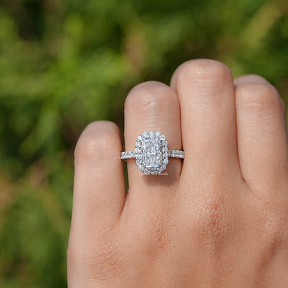 Close view of Radiant Lab Diamond Halo Accent Engagement Ring  