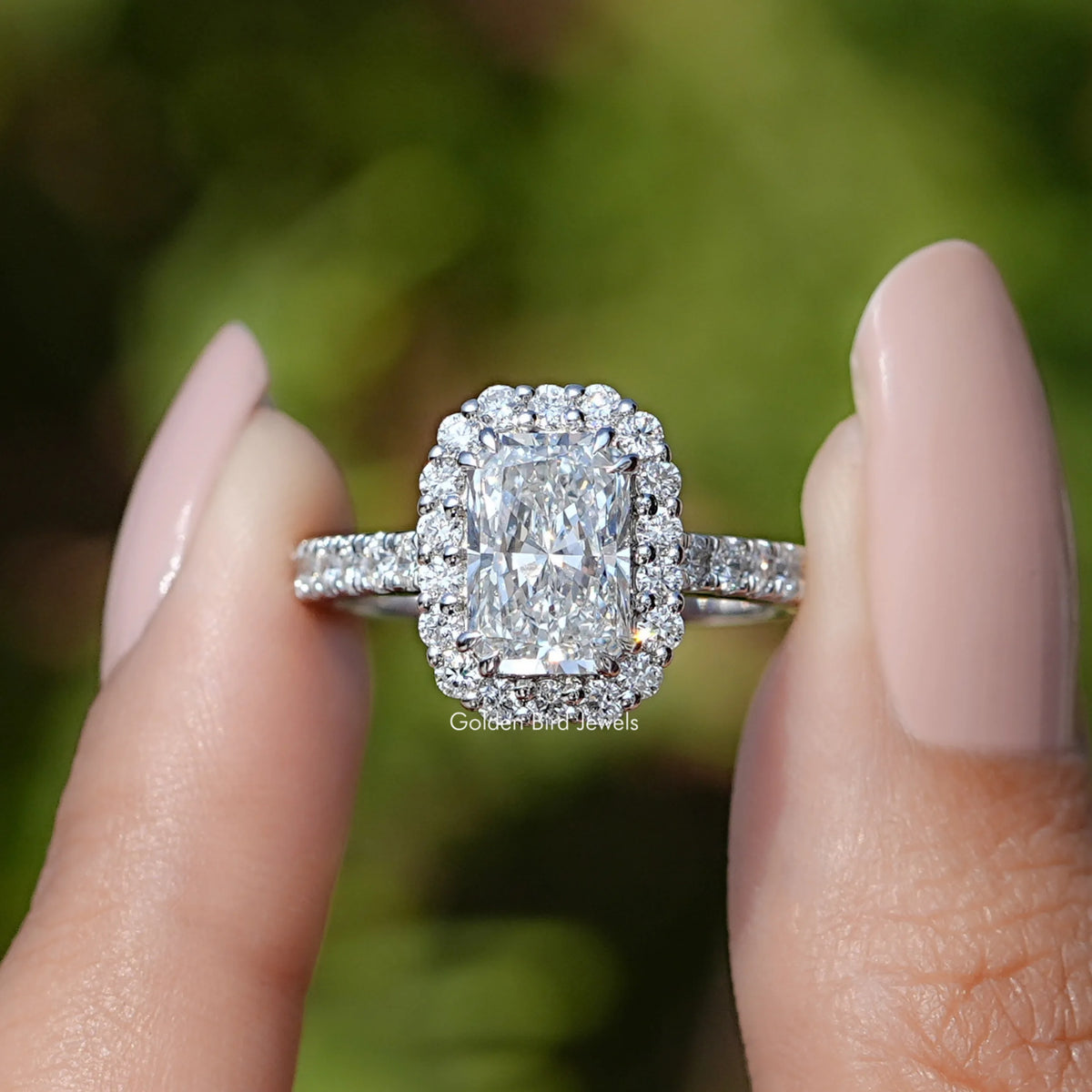 Radiant Lab Diamond Halo Accent Engagement Ring