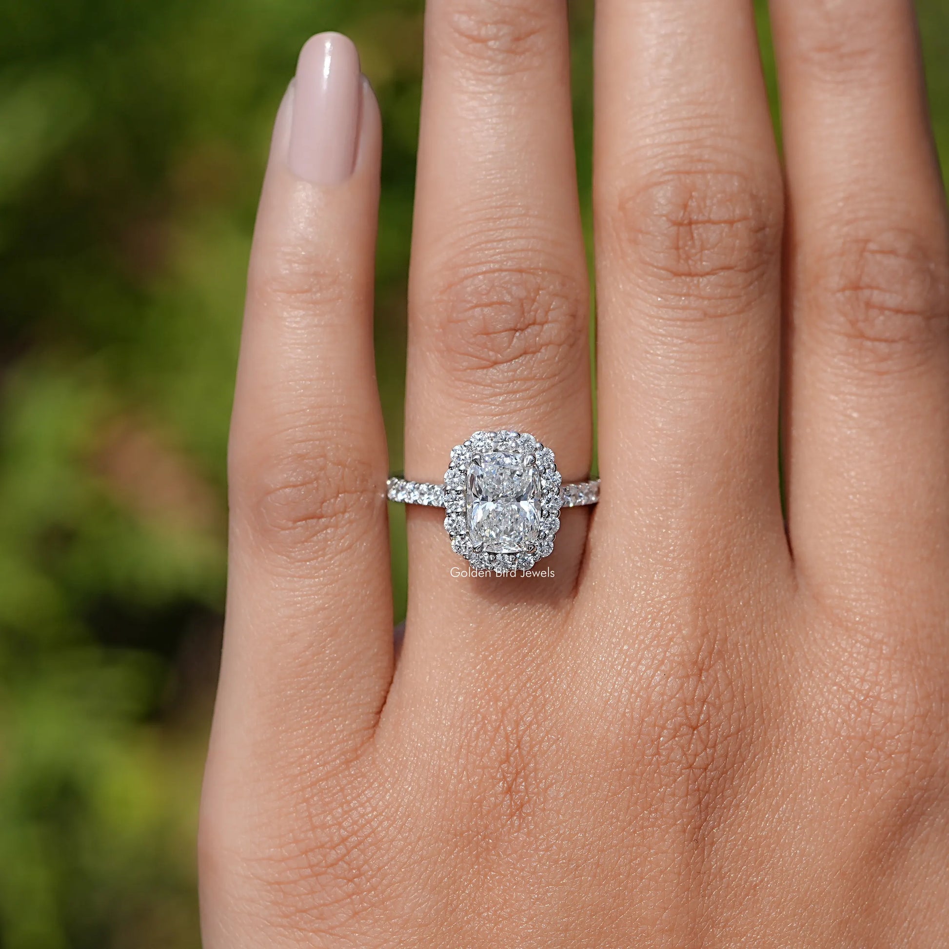 In finger front view of Radiant Lab Diamond Halo Accent Engagement Ring  