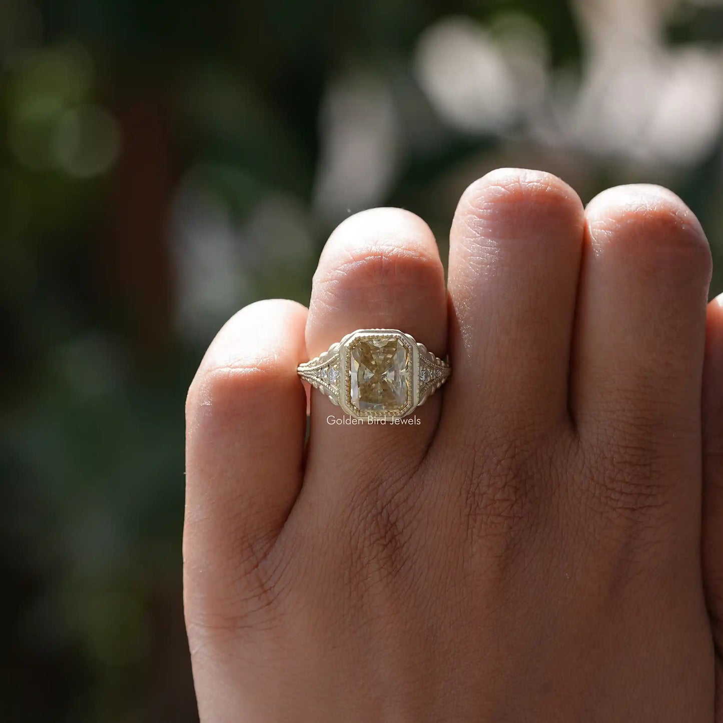 View of Radiant Cut Milgrain Accent Stone Ring In finger