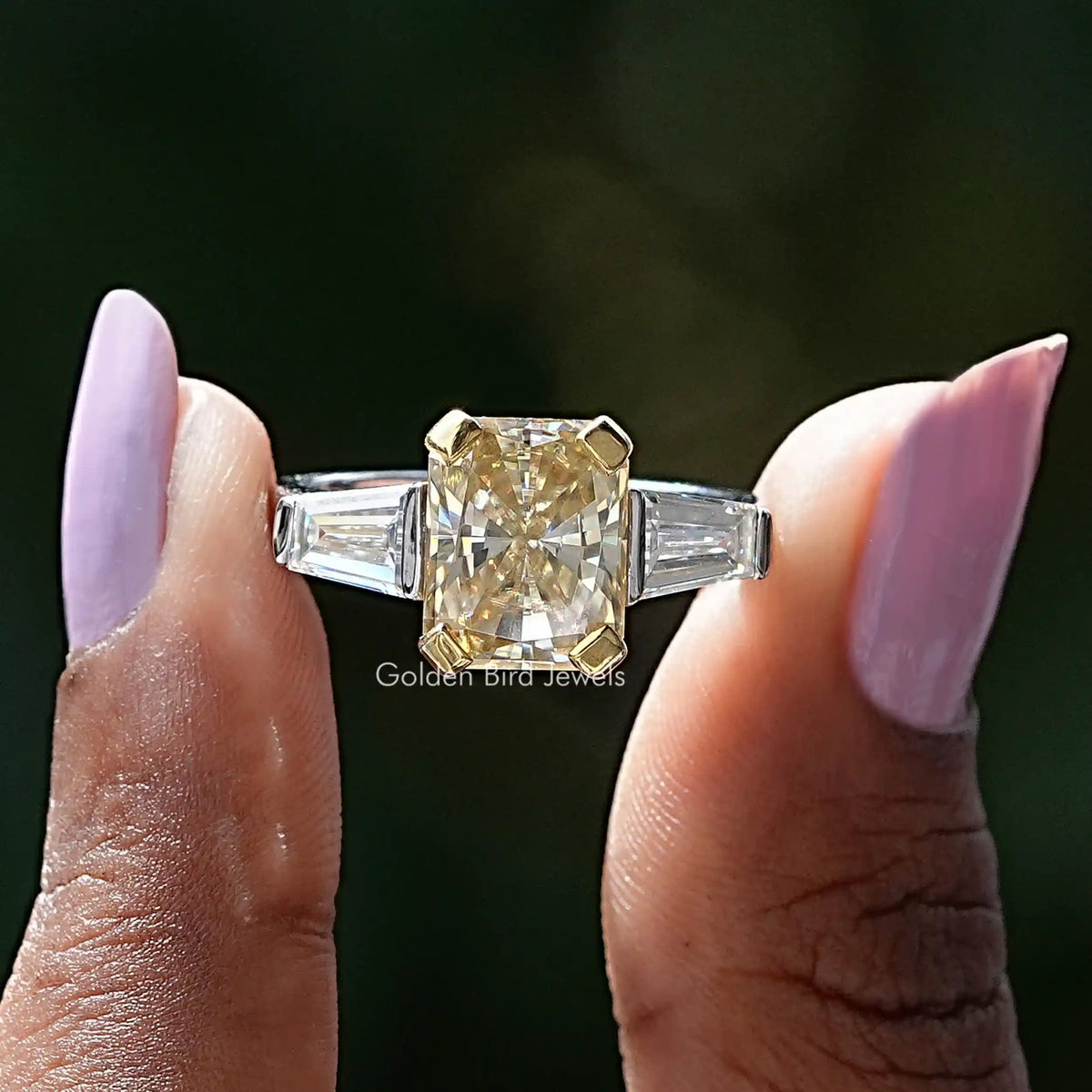 [Yellow Radiant Cut Three Stone Moissanite Ring]-[Golden Bird Jewels]