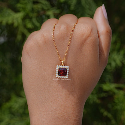 Red Ruby Princess Cut Moissanite Gemstone Halo Pendant