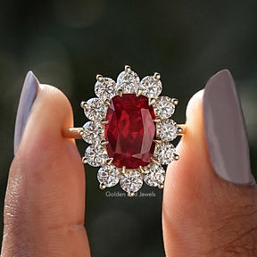 [Red Ruby Cushion Cut Engagement Ring]-[Golden Bird Jewels]