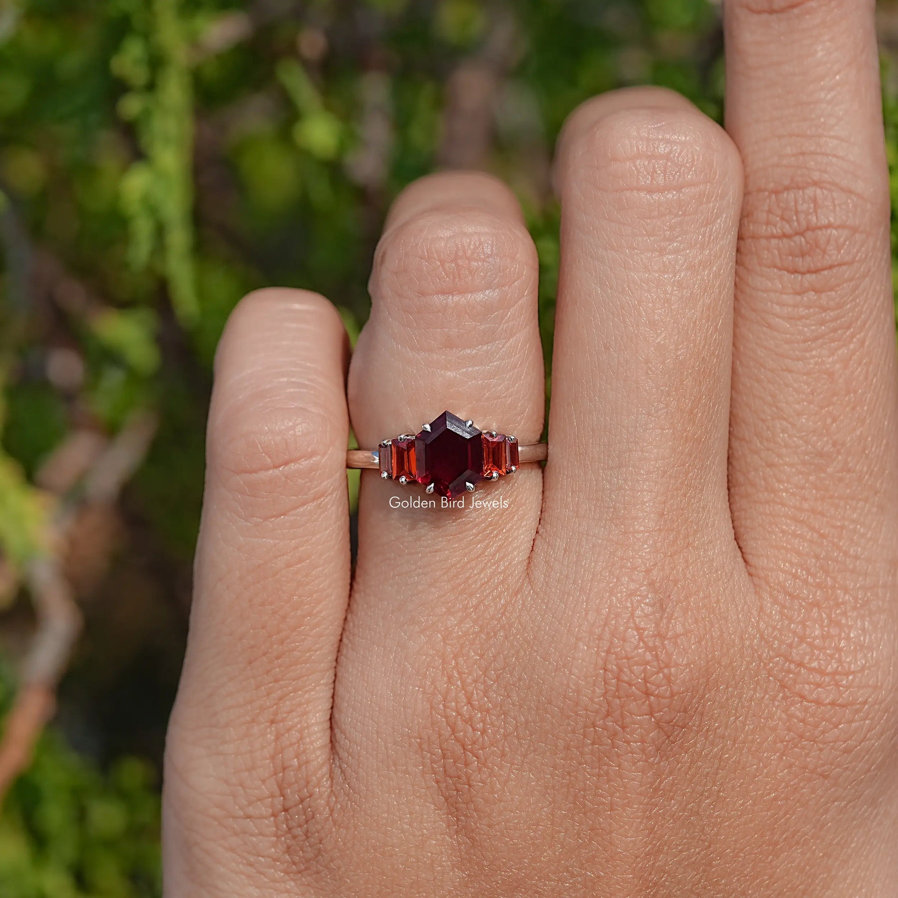 Red Ruby Hexagon Cut Gemstone 5 Stone Ring