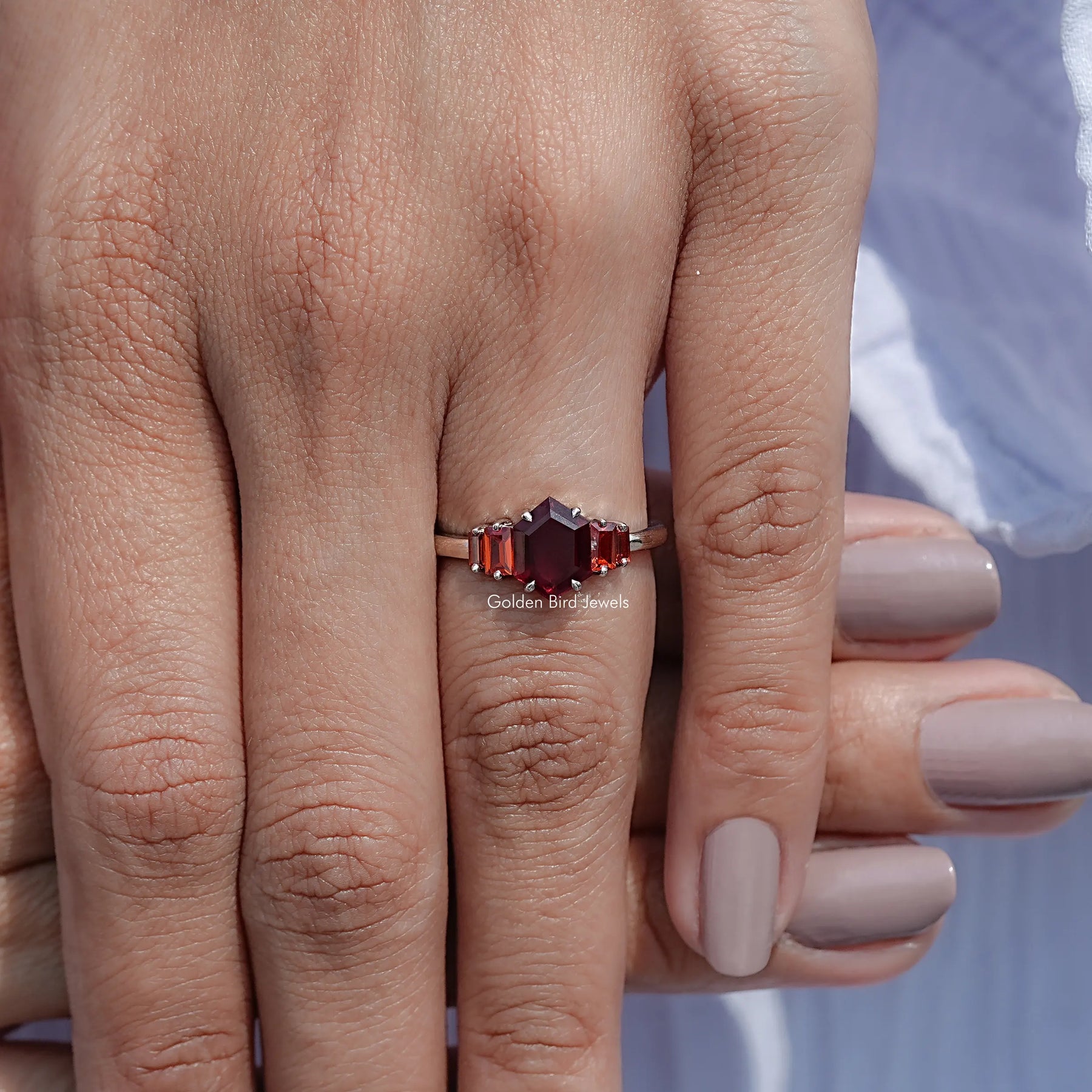 Red Ruby Hexagon Cut Gemstone 5 Stone Ring