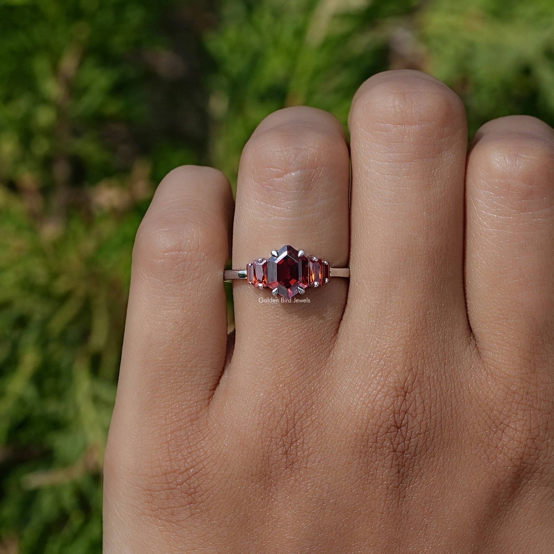 Red Ruby Hexagon Cut Gemstone 5 Stone Ring