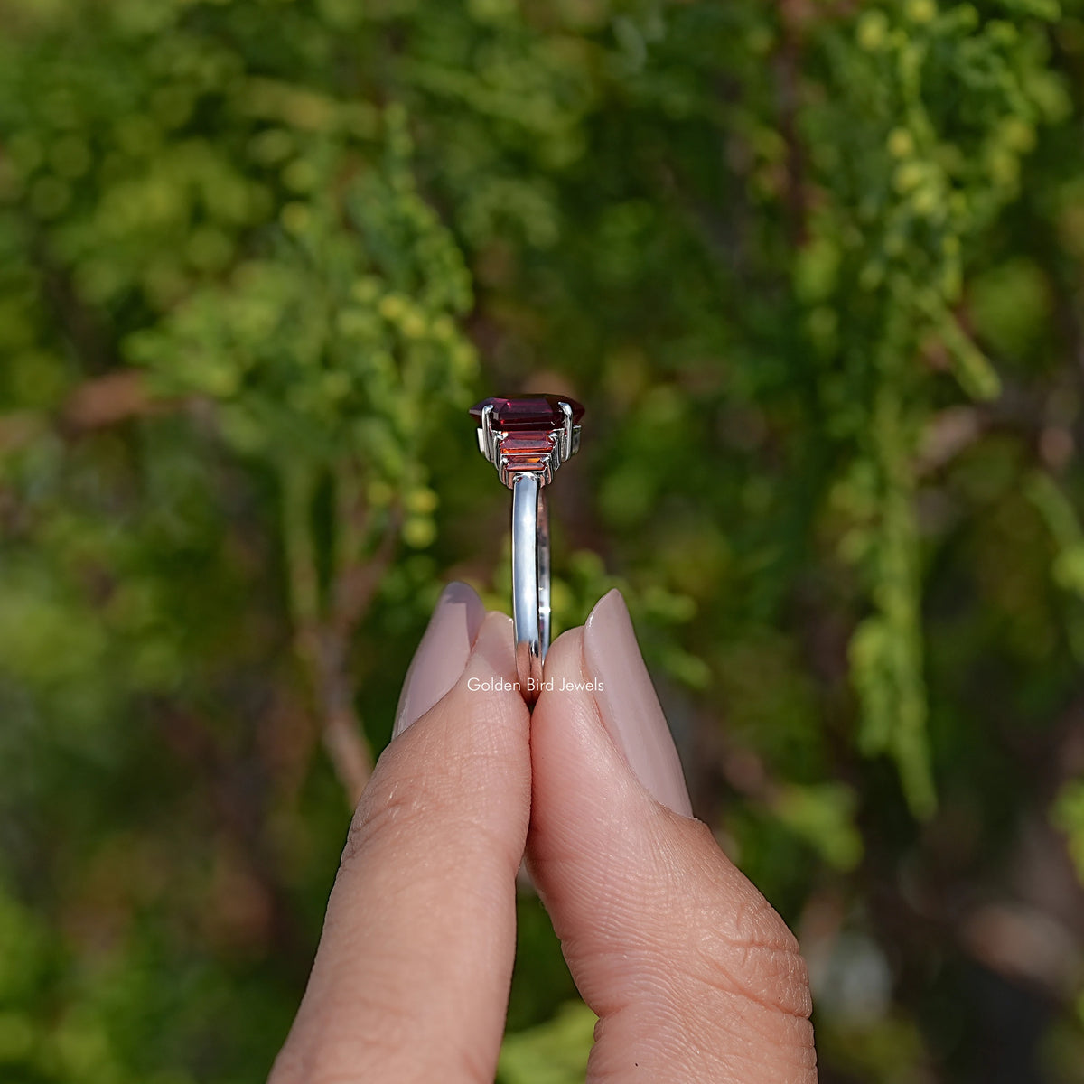 Red Ruby Hexagon Cut Gemstone 5 Stone Ring
