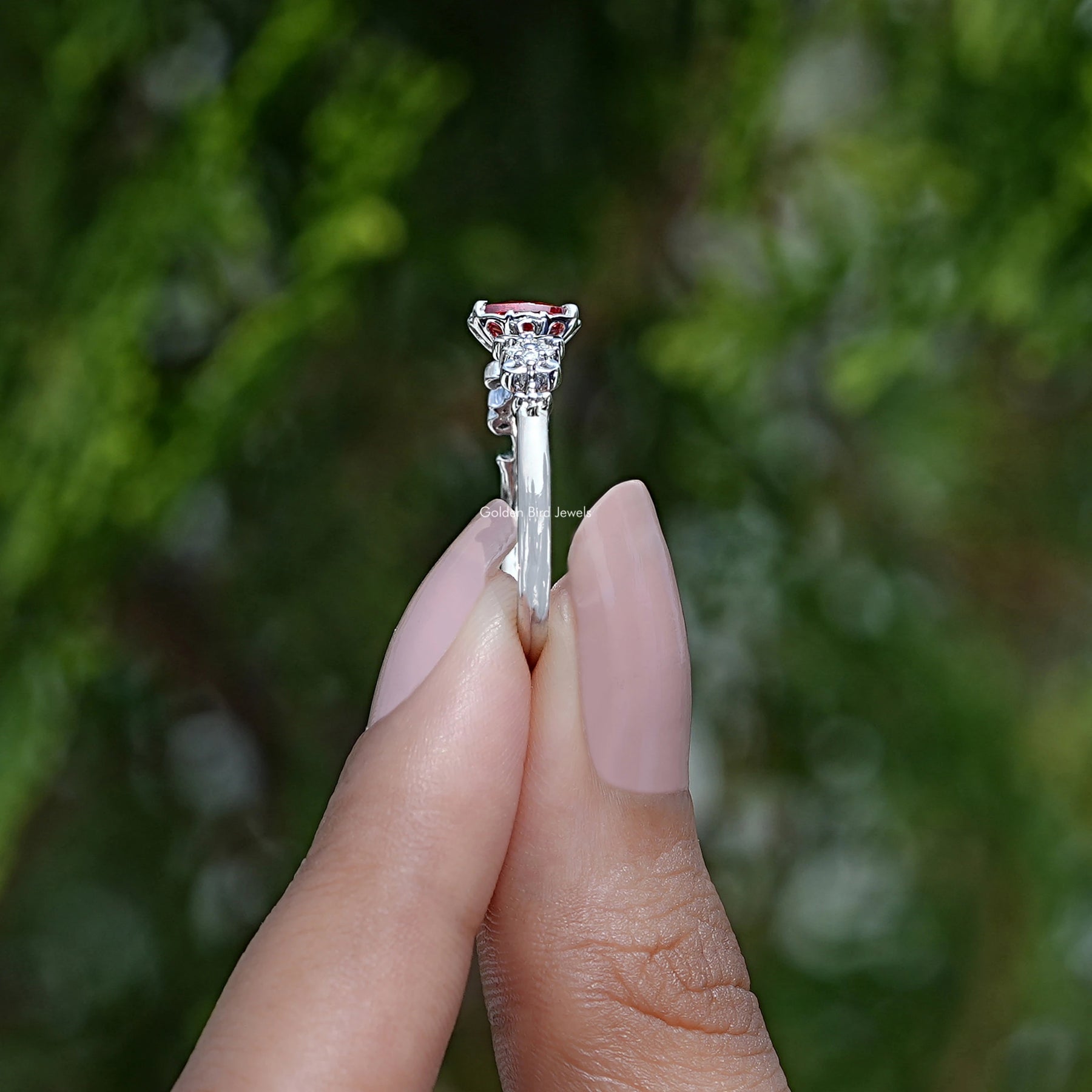 [14K White Gold Oval Cut Accent Stone Ring]-[Golden Bird Jewels]