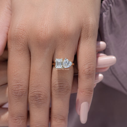 Heart and Emerald Cut Moissanite Toi Et Moi Ring