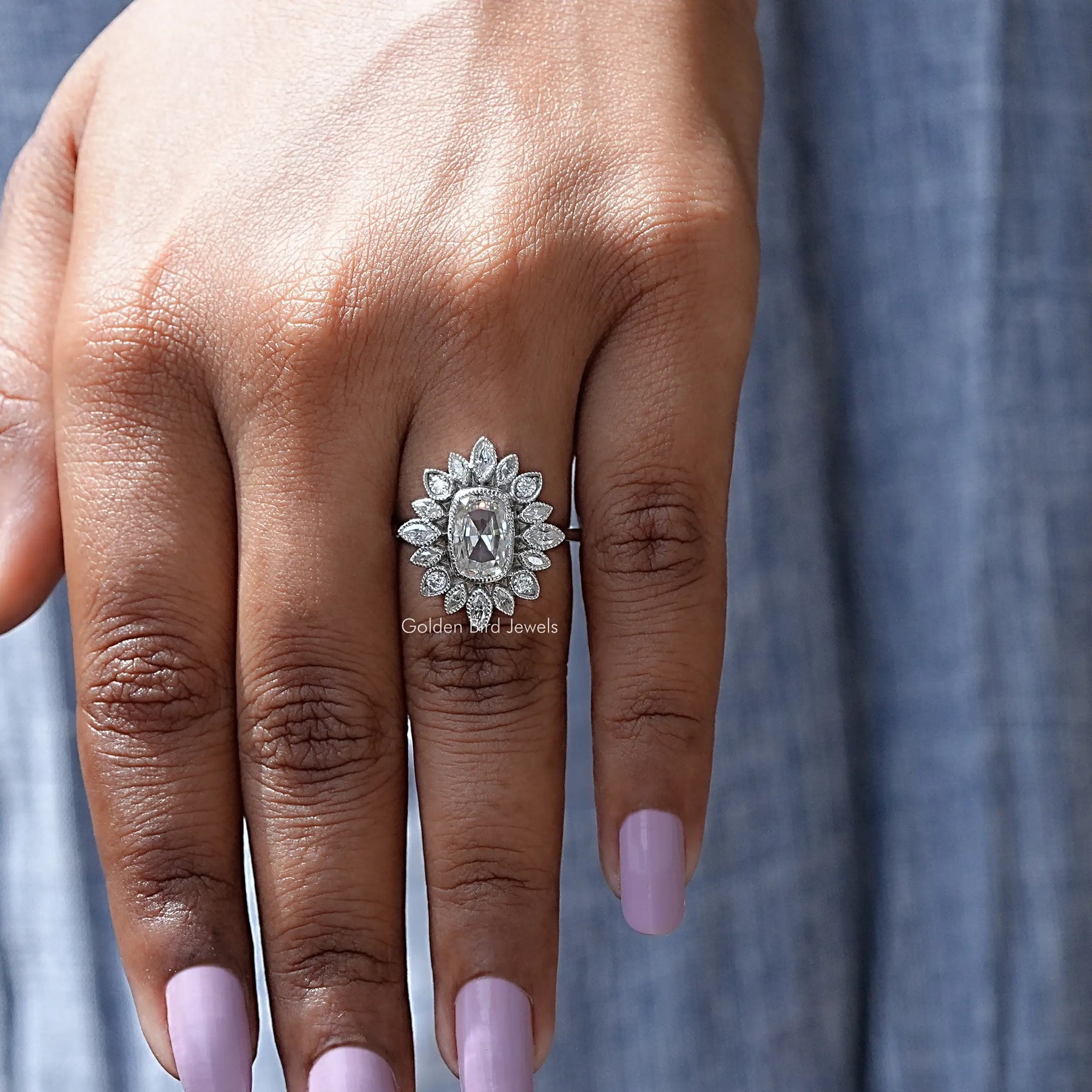 [White Gold Cushion Cut Cluster Ring]-[Golden Bird Jewels]