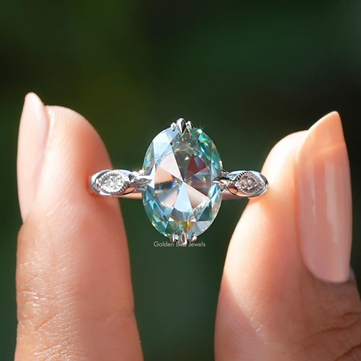 [Blue Oval Cut Moissanite Accent Stone Bridal Ring]-[Golden Bird Jewels]