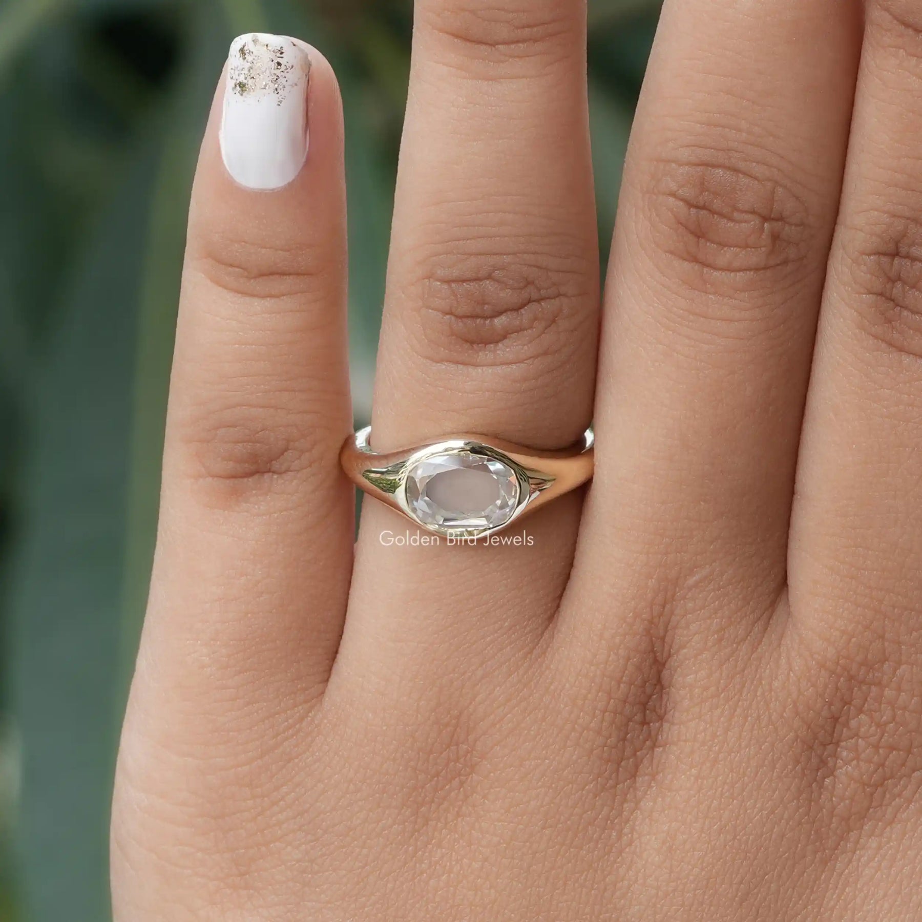 [14k Yellow Gold Rose Cut Oval Moissanite Ring]-[Golden Bird Jewels]