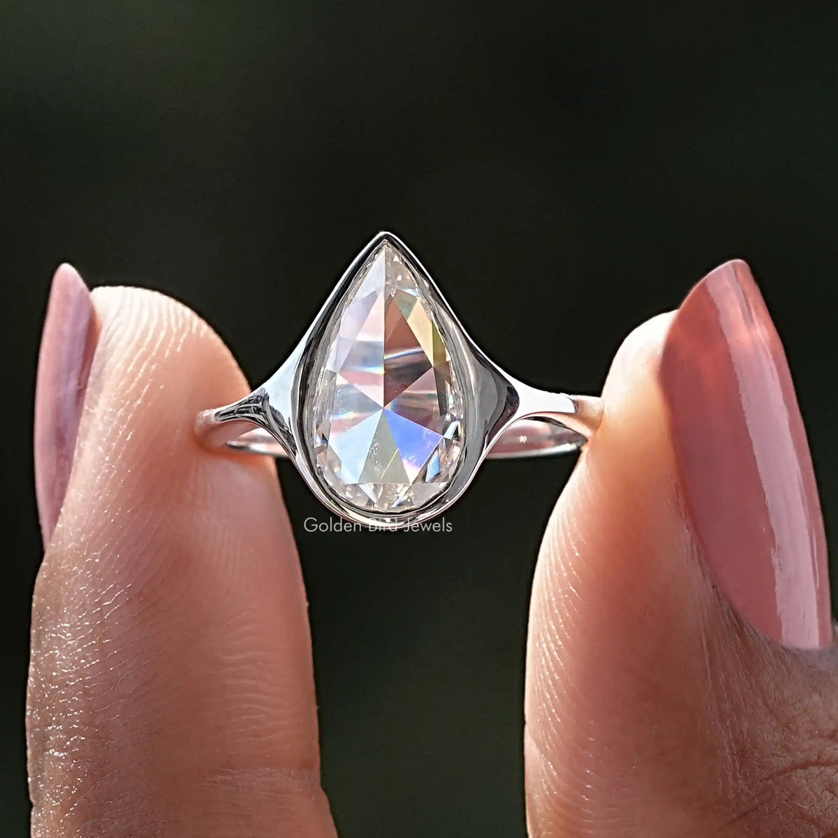 [Rose Cut Pear  Moissanite Bezel Set Ring]-[Golden Bird Jewels]