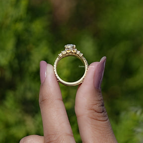 Back View of Rose Cut Pear Moissanite Bridal Ring Set In two fingers
