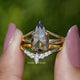 Front View of Rose Cut Pear Moissanite Vintage Curved Ring In two Fingers