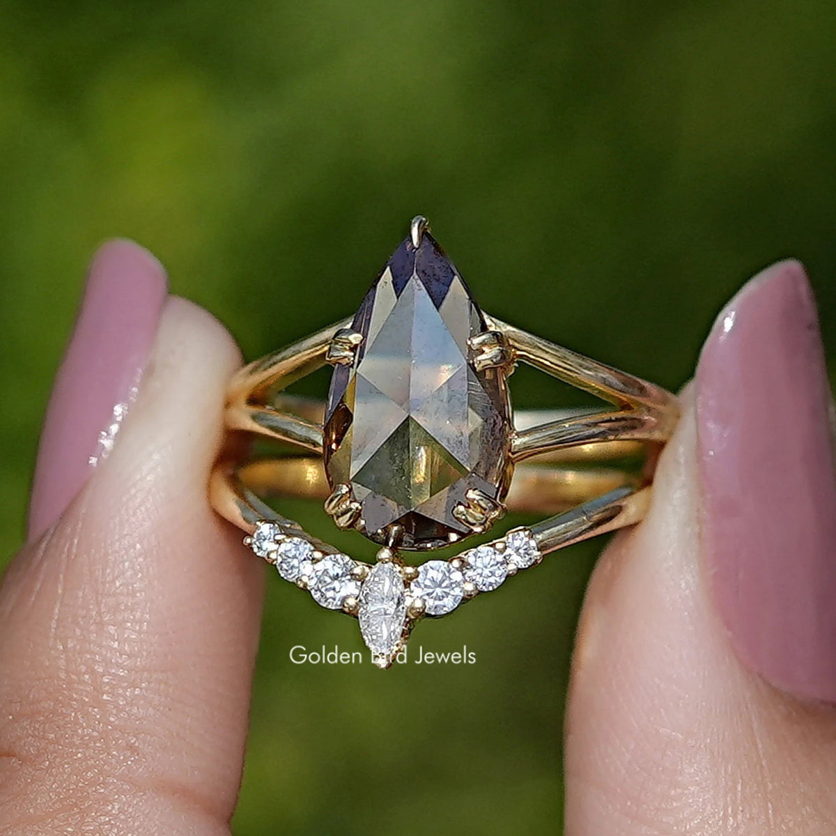 Front View of Rose Cut Pear Moissanite Vintage Curved Ring In two Fingers